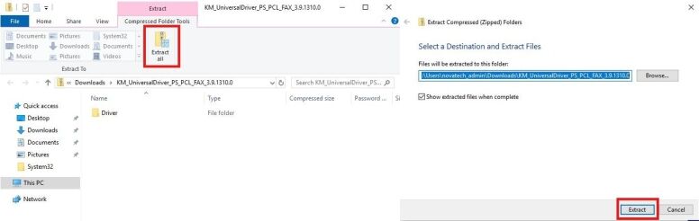 A screenshot shows a Windows dialog box for extracting compressed files, with the "Extract all" button highlighted.
