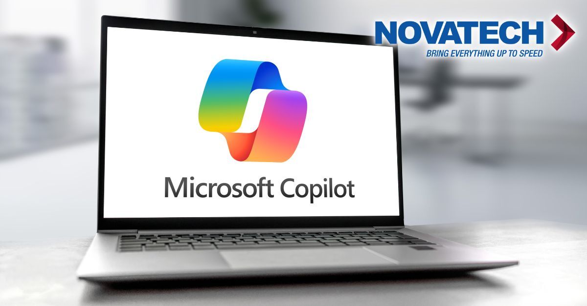 A laptop displays the Microsoft Copilot logo and the Novatech company logo with the tagline