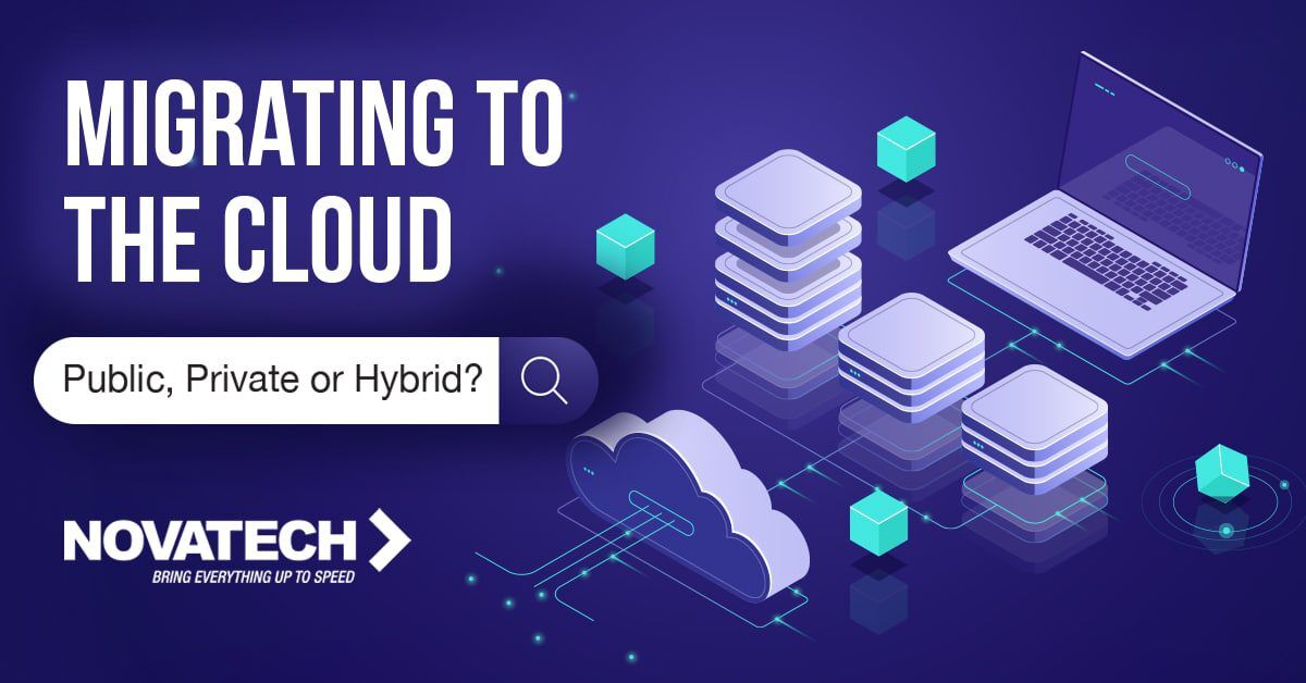 An abstract graphic depicts migrating to the cloud with text asking 