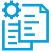 A blue icon depicts a gear next to a document with lines of text.