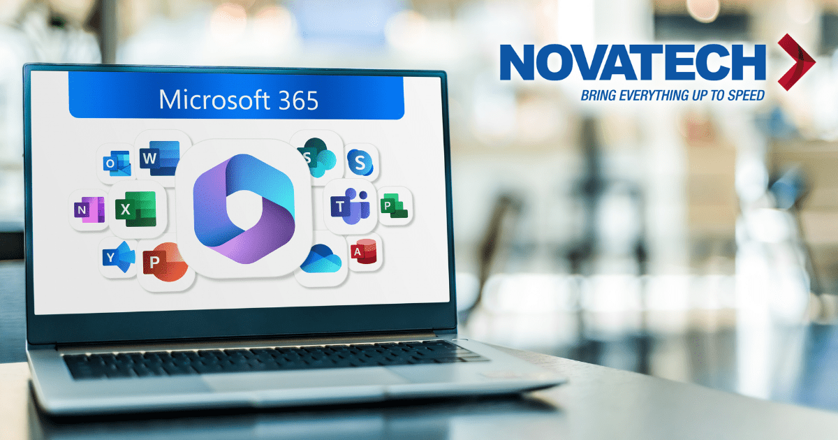 A laptop displays the Microsoft 365 logo and various app icons, alongside the Novatech logo and tagline.