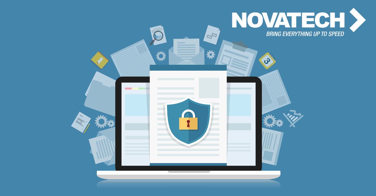 This illustration depicts secure digital document management and data protection, with a laptop displaying a padlock