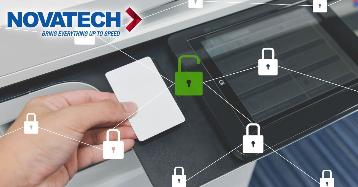 A hand uses an access card to gain secure access to a multifunction printer, indicated by an unlocked padlock icon and