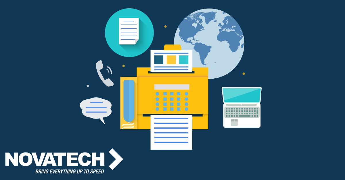 A flat design graphic illustrates various communication technologies, from a central fax machine to global connectivity