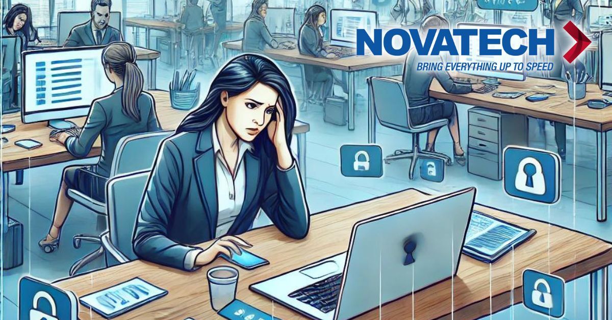 In a busy office environment, a stressed employee sits at her desk surrounded by floating digital lock icons, while the