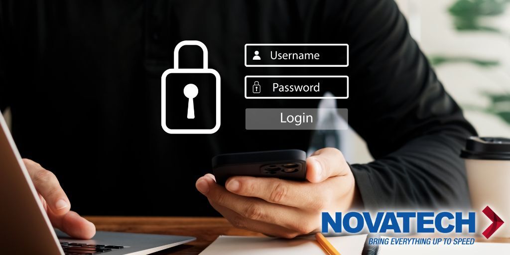 A person interacts with a laptop and smartphone, overlaid with a digital login interface featuring a security padlock,