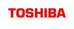 The Toshiba logo, featuring the company name in bold red capital letters, is prominently displayed against a solid
