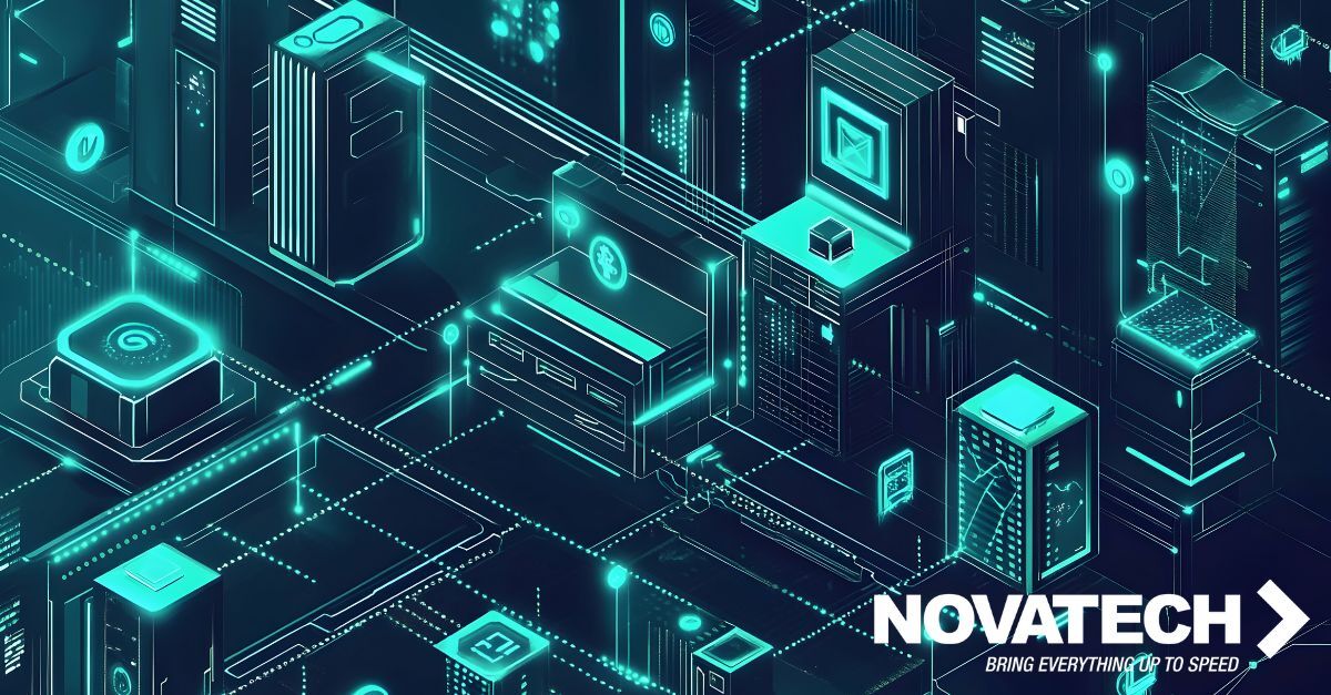 A futuristic digital cityscape with glowing neon lines and abstract geometric structures, featuring the