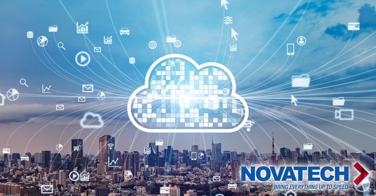 A digital cloud hovers over a cityscape, symbolizing cloud computing and data connectivity with various icons