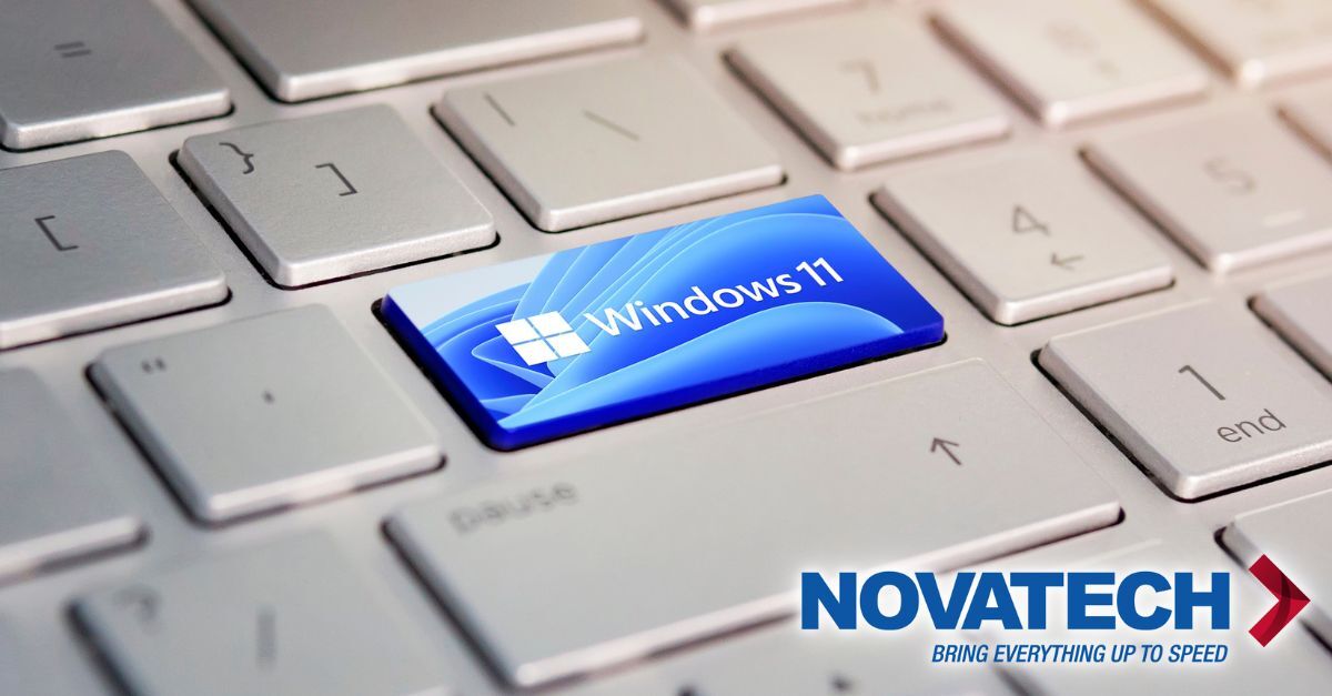 A close-up shot of a laptop keyboard features a prominent Windows 11 key and the Novatech logo.