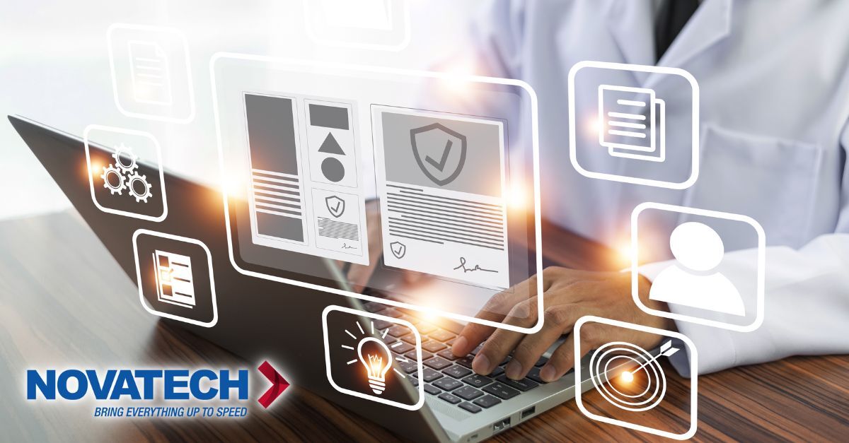 A person in a lab coat uses a laptop, with digital icons representing documents, gears, a lightbulb, a target, and a