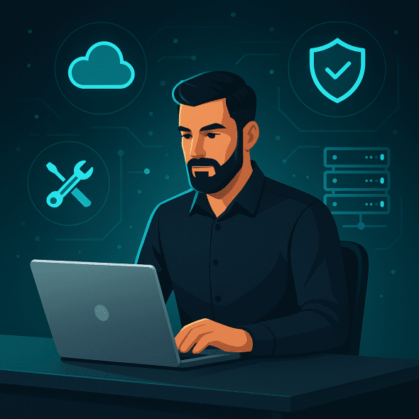 A bearded man works on a laptop