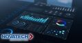 A futuristic digital dashboard displays various charts and graphs, with the Novatech logo prominently featured at the