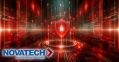 A digital shield with a padlock symbolizes cybersecurity amidst a futuristic, red-toned data stream, with the Novatech