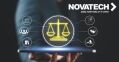 A person holds a tablet displaying a digital interface with legal icons and the Novatech logo.