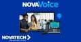 A promotional graphic for NovaTech's NovaVoice communication system showcases various devices displaying the software