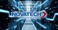 A server room with glowing blue lines and the Novatech logo, featuring the tagline 