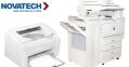 A Novatech logo is displayed above two white office machines, a printer on the left and a copier/multifunction printer