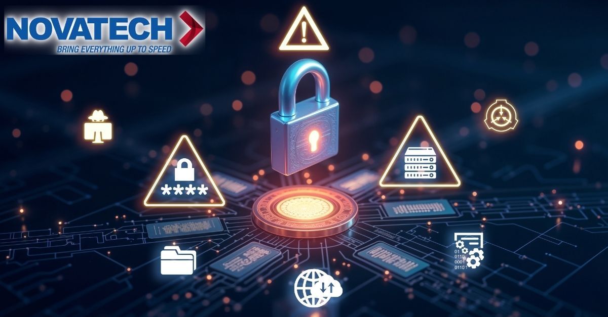A digital security concept is depicted with a central padlock surrounded by icons representing threats, data, and