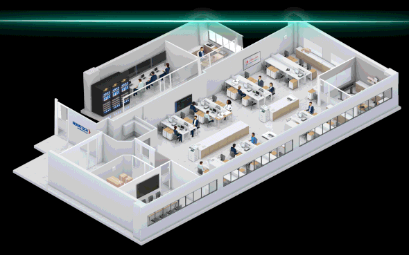 This is a 3D isometric illustration of a modern office space with a server room, workstations, and meeting areas.