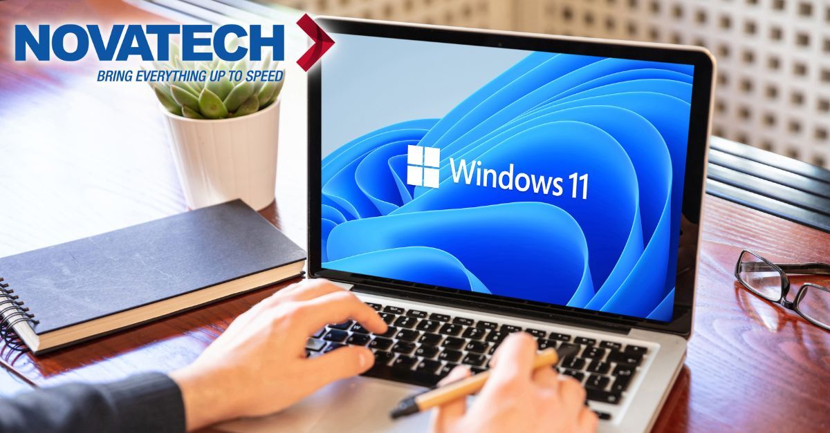 A person's hands are typing on a laptop displaying the Windows 11 logo, with a notebook, plant, and glasses on a wooden