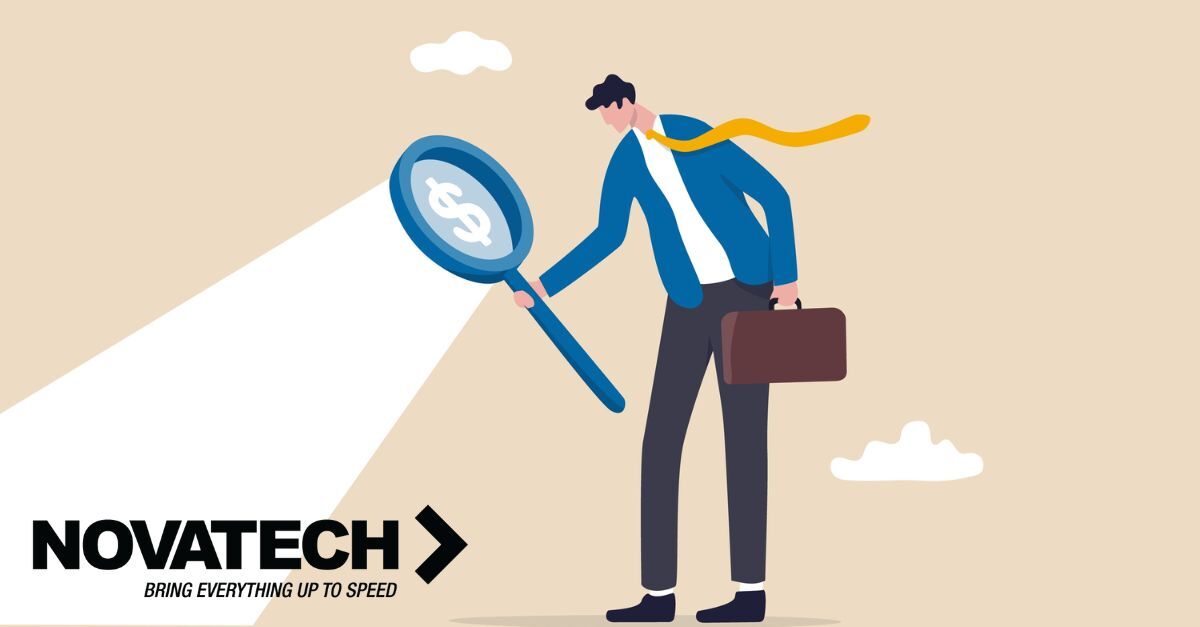 A businessman with a briefcase and a yellow scarf examines a dollar sign through a magnifying glass, with the Novatech