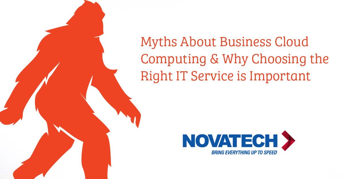 A silhouette of Bigfoot stands next to text about myths of business cloud computing and the importance of choosing the