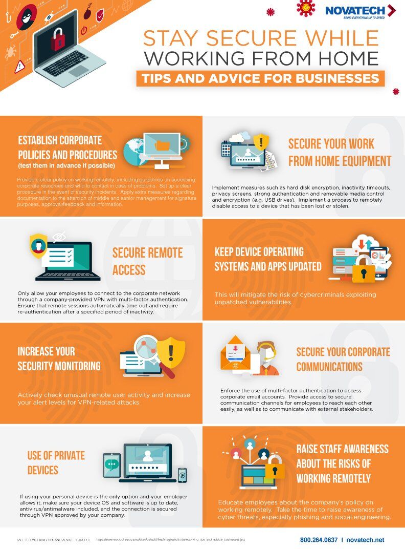 This infographic provides tips and advice for businesses on how to stay secure while working from home.