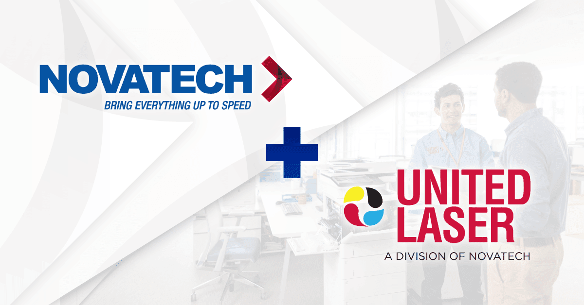 This image announces the acquisition of United Laser by Novatech, featuring their respective logos and a tagline