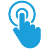 A blue icon depicts a hand with a pointed index finger touching a circle, representing a click or selection action.
