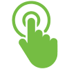 A green hand icon with a pointing finger touching a circle represents a click or selection action.