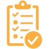 An orange clipboard with a checklist and a checkmark in a circle on a green background.