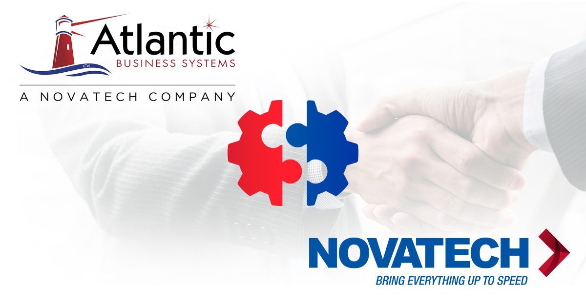 The image depicts a business partnership announcement between Atlantic Business Systems and Novatech, symbolized by a