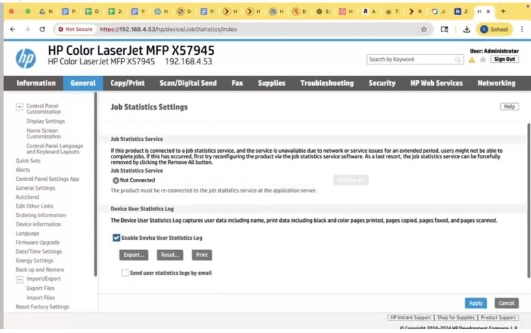 This is a screenshot of a printer's web interface, specifically the "Job Statistics Settings" page, where users can