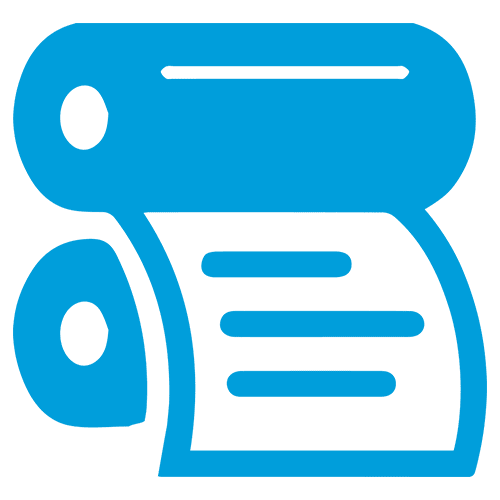 A blue icon depicts a printing press with a roll of paper.