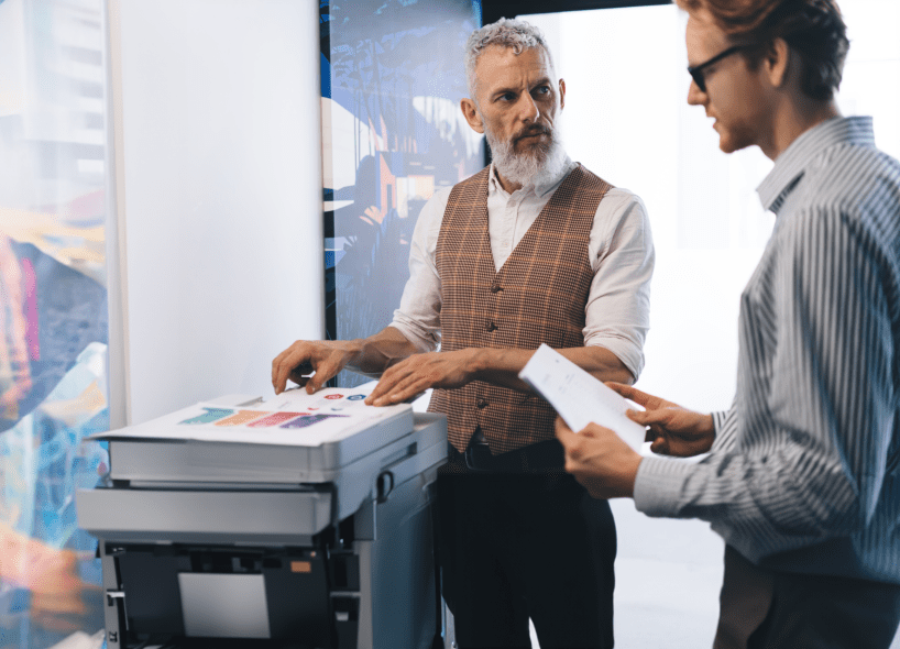 Two men, one with a beard and wearing a vest, and another in a striped shirt, are standing by a printer, discussing