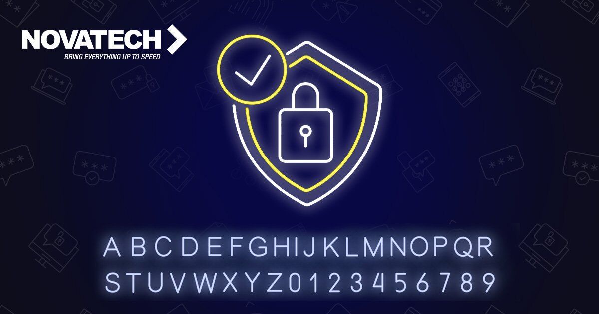 A neon-style logo for Novatech, featuring a shield with a lock and checkmark, is displayed against a dark blue