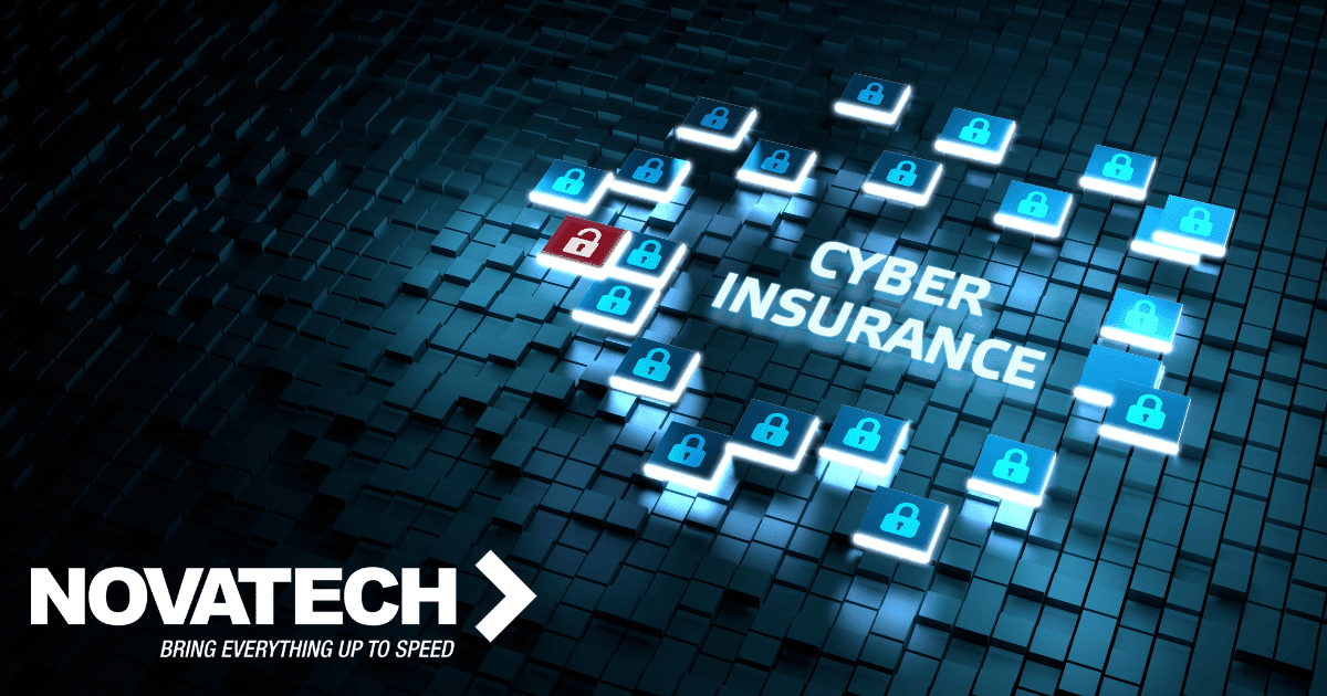 A digital representation of cyber insurance is depicted with glowing lock icons and the text 