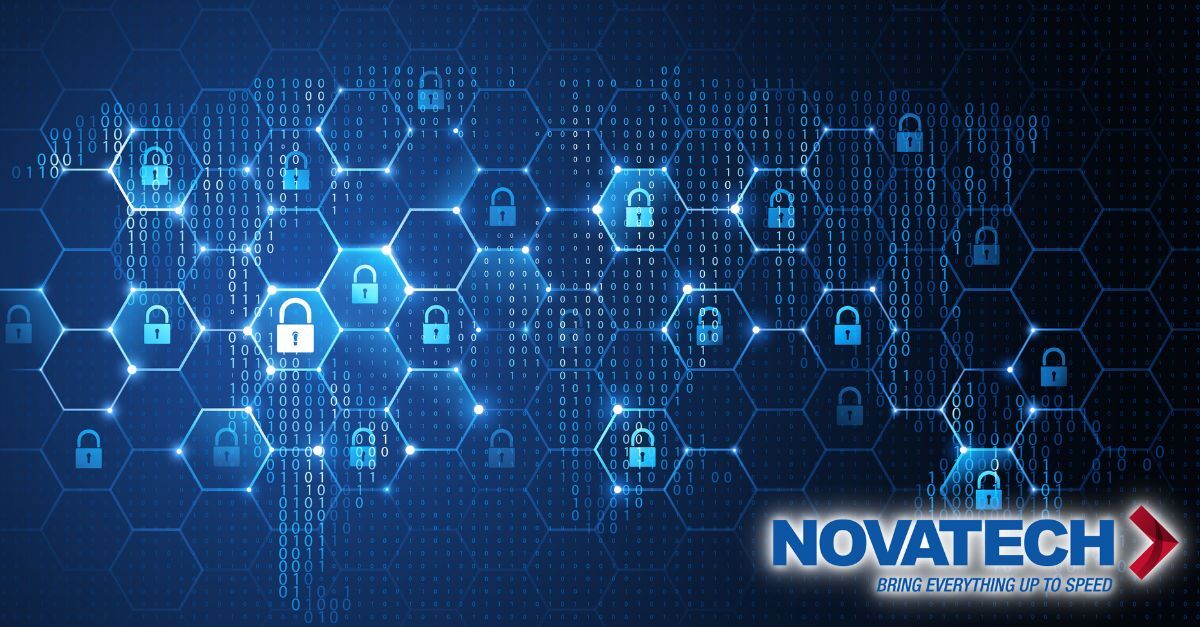 A digital security background features a network of interconnected glowing hexagons, binary code, and padlock icons,