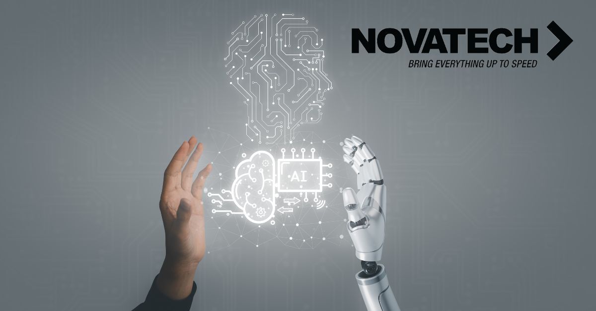 A human hand and a robotic arm interact with glowing digital representations of AI and a circuit board brain, embodying