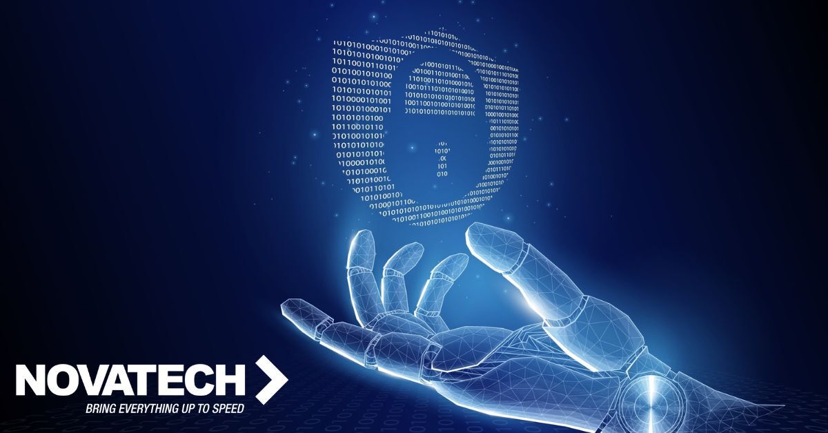 A glowing wireframe robotic hand presents a padlock formed from binary code, symbolizing digital security and data