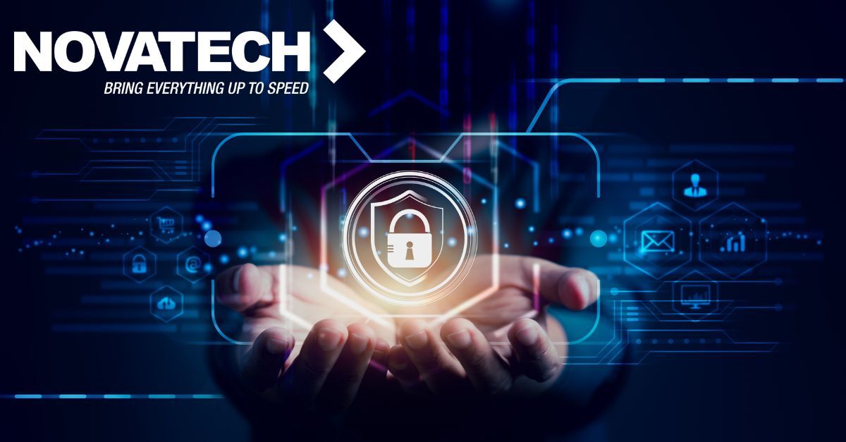 Novatech's branding emphasizes digital security and speed, depicted by hands holding a glowing shield and padlock icon