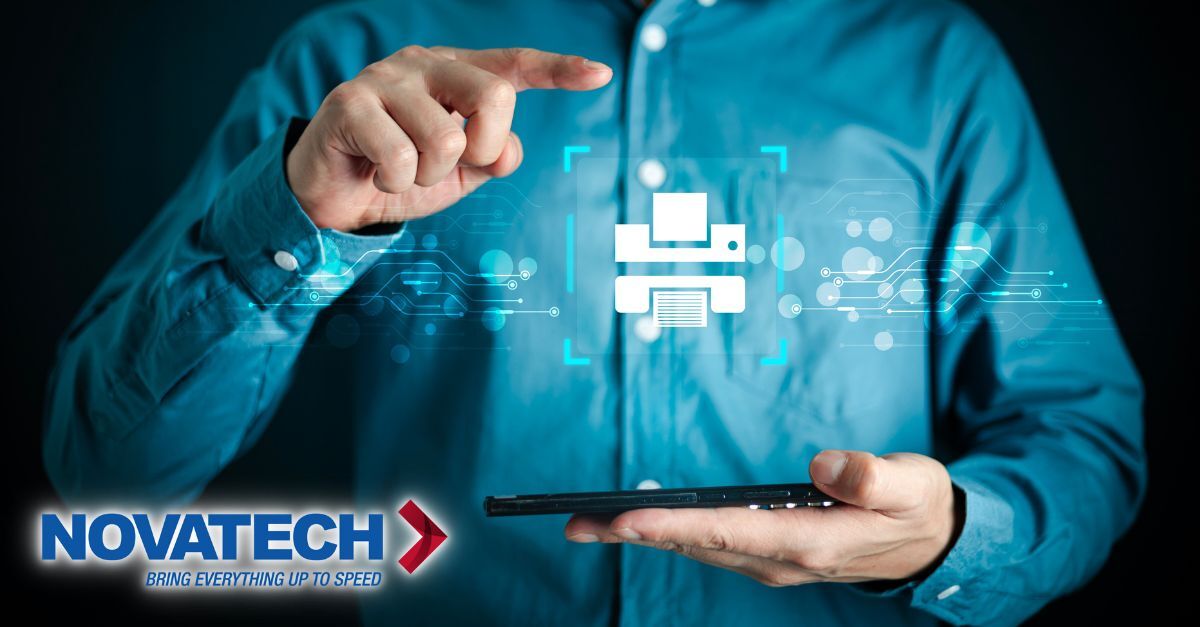 A person interacts with a holographic printer icon and digital circuitry projected above a smartphone, symbolizing