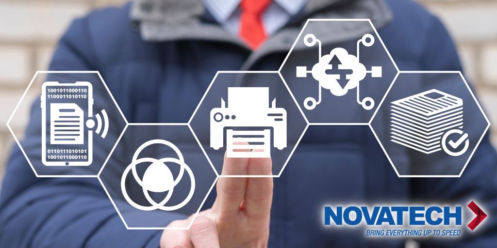 A business professional interacts with a digital interface illustrating a comprehensive system for mobile document