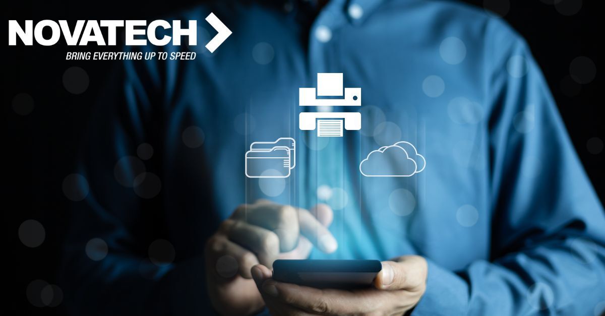 A person uses a smartphone with icons representing printing, files, and cloud storage floating above it.