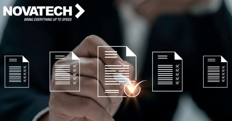 A hand is interacting with a digital interface displaying several documents with checklists, one of which is