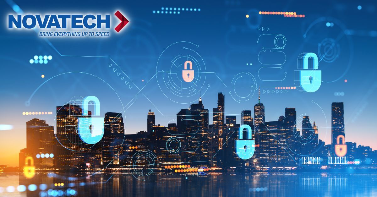 A cityscape at dusk is overlaid with digital graphics, including lock icons and data streams, suggesting a theme of