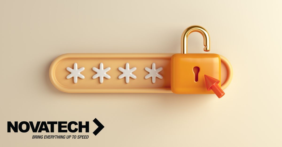 A password field with asterisks and an unlocked padlock with a cursor pointing to it, alongside the Novatech logo.
