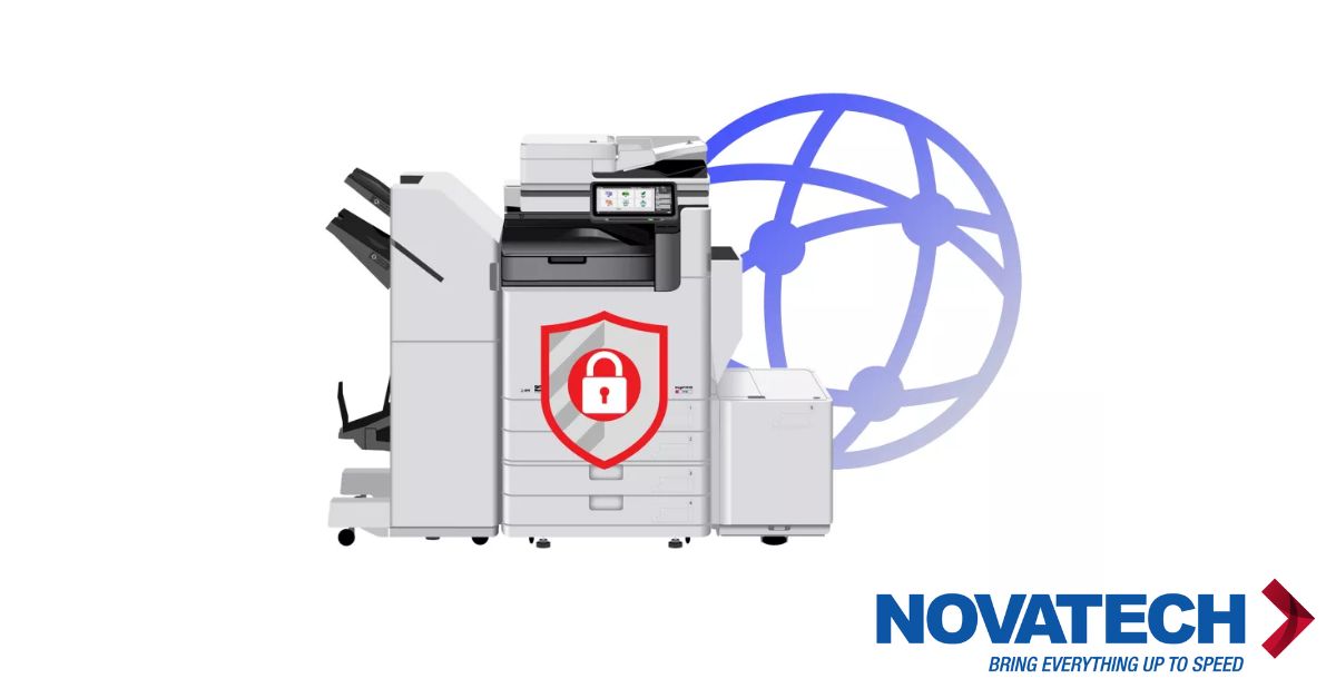 A Novatech printer is depicted with a security shield and a globe icon, suggesting network security solutions.