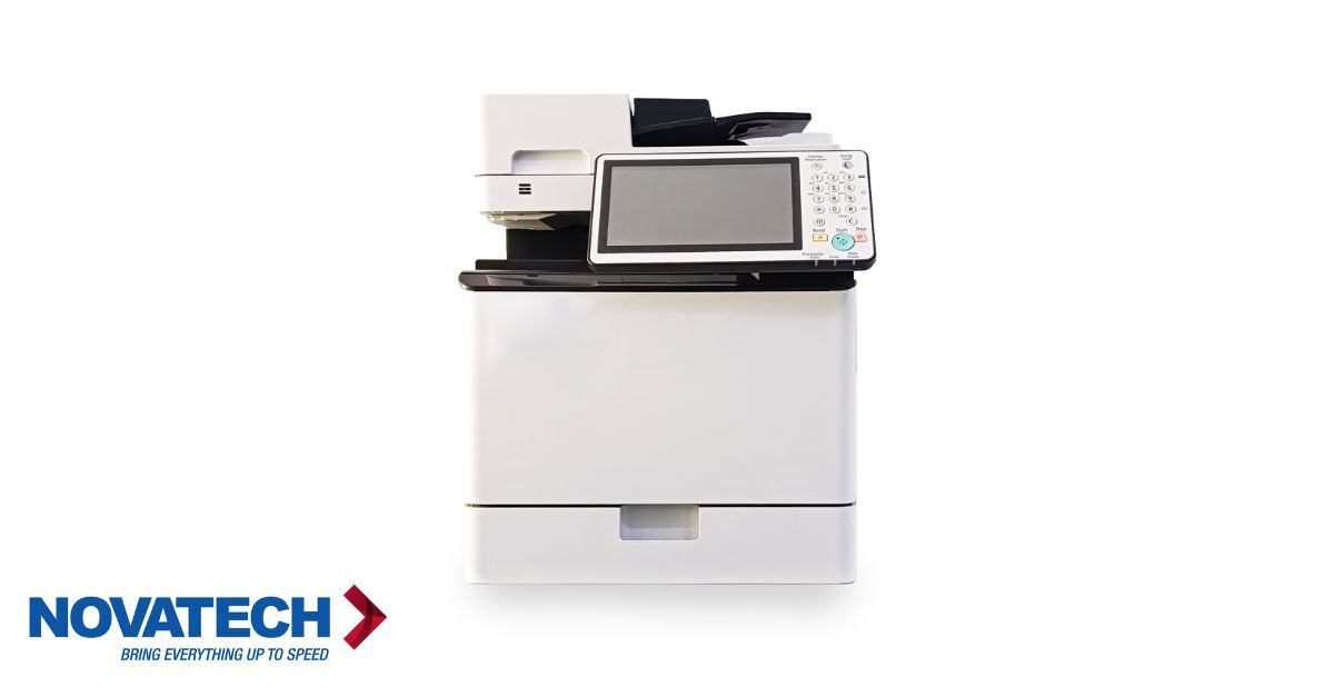 A white multifunction printer with a touchscreen and keypad sits against a white background, with the Novatech logo in
